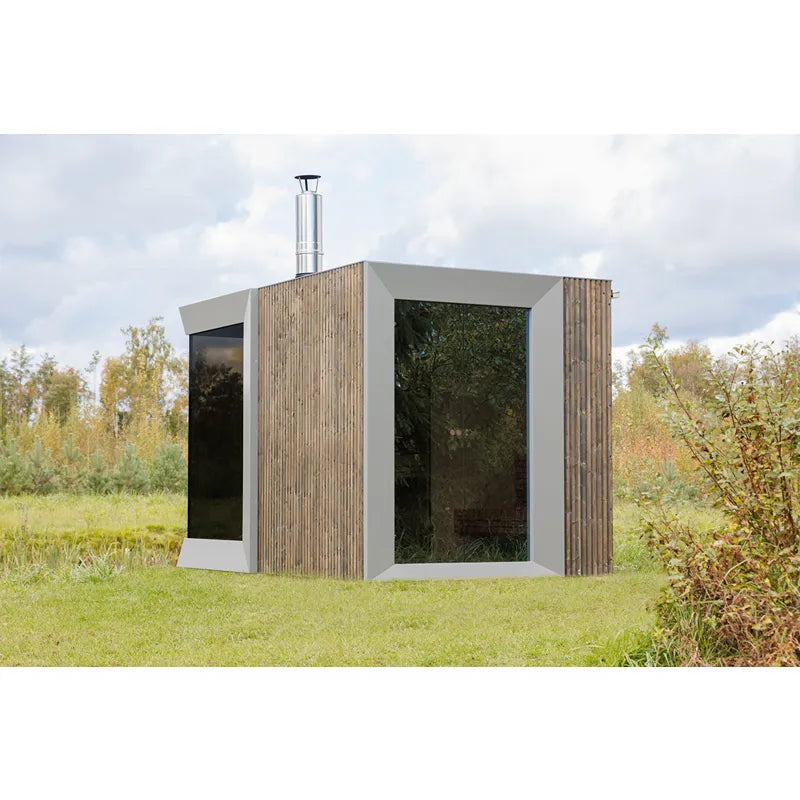 Genevas Zermatt Modular Sauna Compact mit Holzverkleidung am See, Steg und Herbstwald