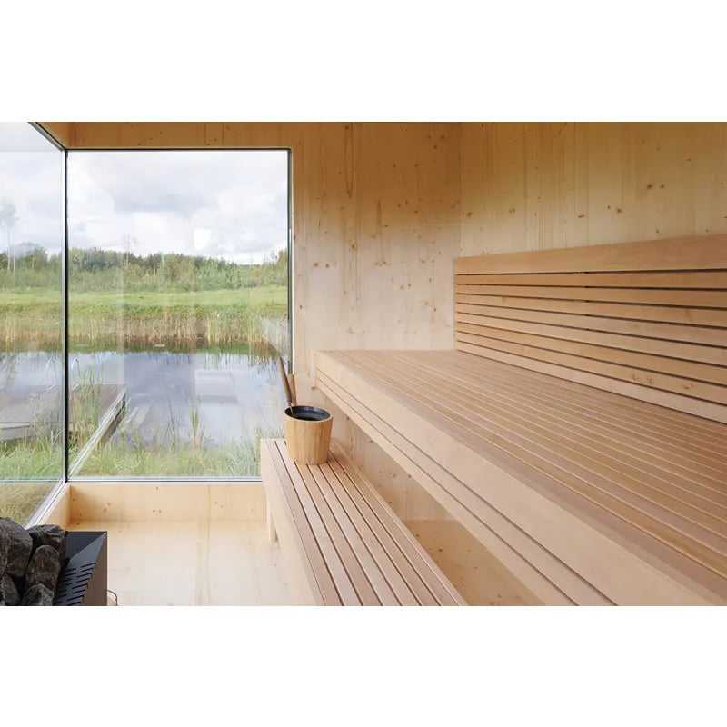 Genevas Zermatt Modular Sauna Compact Innenraum mit Holzbänken und Glastür