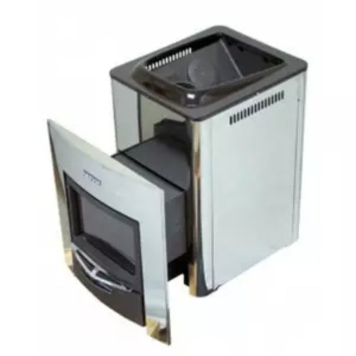 Harvia 20 Holz Saunaofen in Weiß mit offener Feuerraumtür und Aufgussstein-Behälter oben, Innen- und Außenbefeuerung