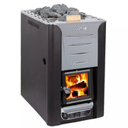 Harvia 20 Holzofen-Saunaofen mit brennendem Feuer, Saunasteine oben, grau-schwarzes Design und Holzbefeuerung sichtbar.