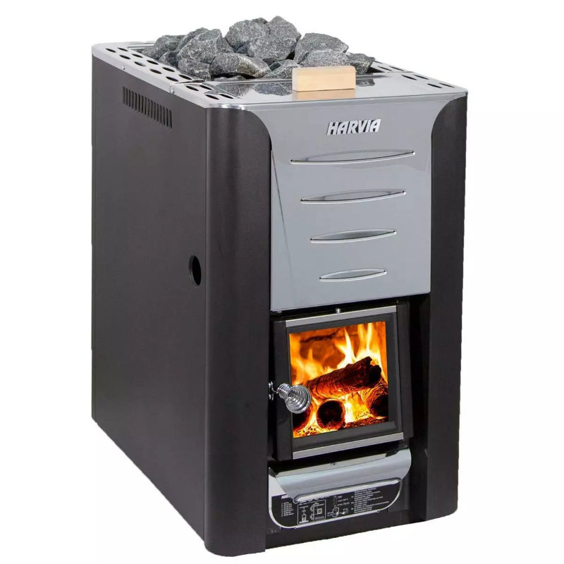 Harvia 20 Holzofen-Saunaofen mit brennendem Feuer, Saunasteine oben, grau-schwarzes Design und Holzbefeuerung sichtbar.