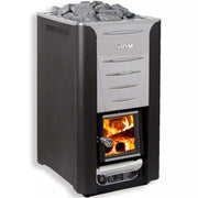 Harvia 26 Pro Holzsaunaofen mit brennendem Feuer, Steinschüttung oben und grau-schwarzem Design mit Sichtfenster