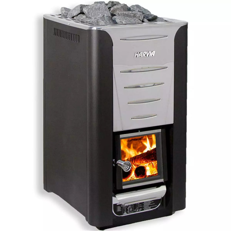 Harvia 26 Pro Holzsaunaofen mit brennendem Feuer, Steinschüttung oben und grau-schwarzem Design mit Sichtfenster