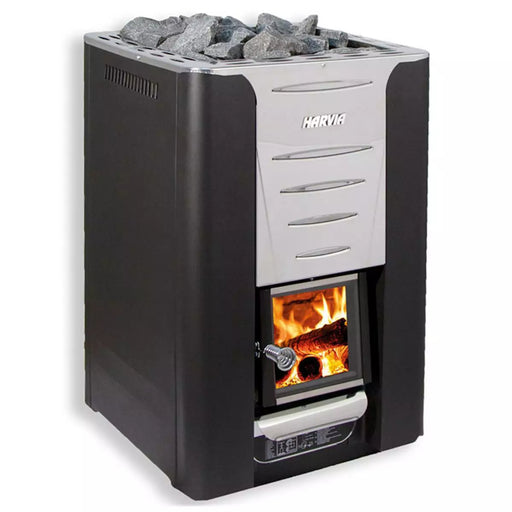Harvia 36 Holzofen mit schwarzem Gehäuse, Sichtfenster mit loderndem Feuer, silbernem Steuermodul und gefülltem Saunasteinbehälter oben