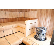 Harvia Cilindro Elektro Saunaofen Komplettset in moderner Holzsauna mit Saunasteine und weißem Elektrofen
