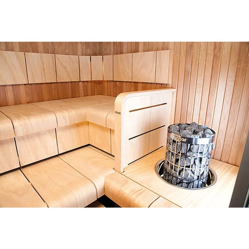 Harvia Cilindro Elektro Saunaofen Komplettset in moderner Holzsauna mit Saunasteine und weißem Elektrofen