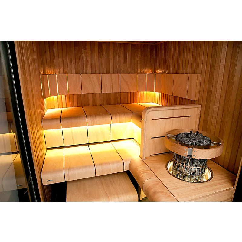 Harvia Cilindro Elektro Saunaofen Komplettset mit warmem Licht in moderner Sauna-Kabine, Holzausstattung und Saunaofen