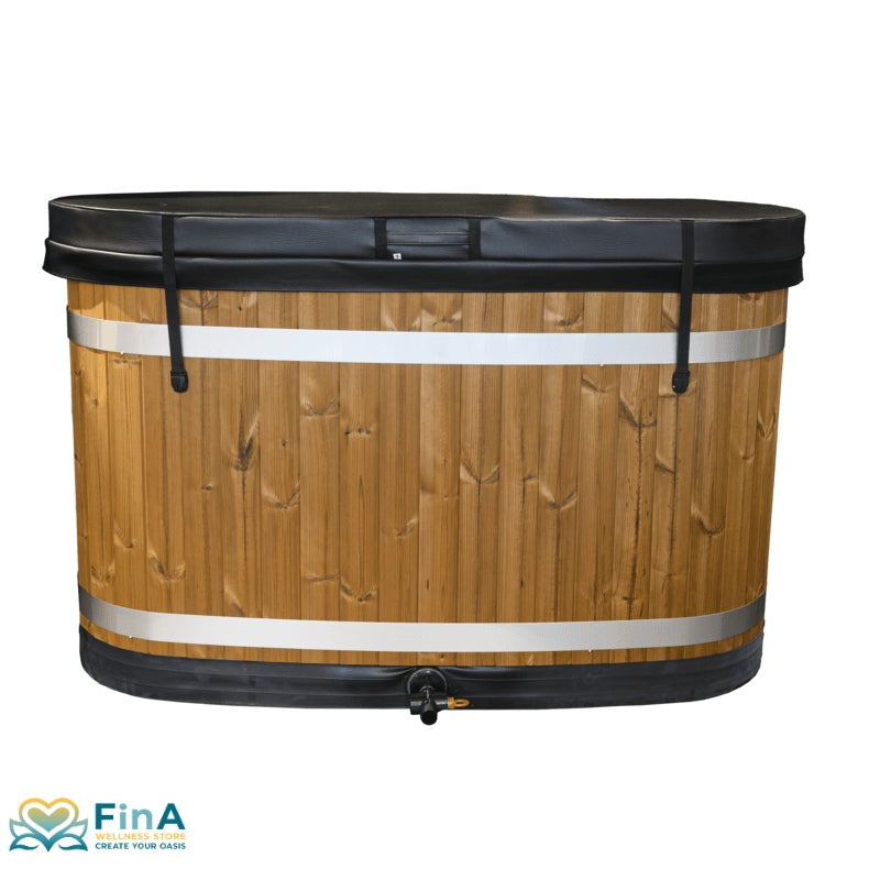 Harvia Frosty Holz-Eisbad mit schwarzem Rand und Metallbändern, frontal fotografiert
