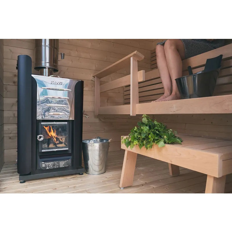 Harvia Schornstein 1500 Edelstahl WHP1500 Saunaofenzubehör mit Edelstahlrohr in moderner Sauna-Innenraum