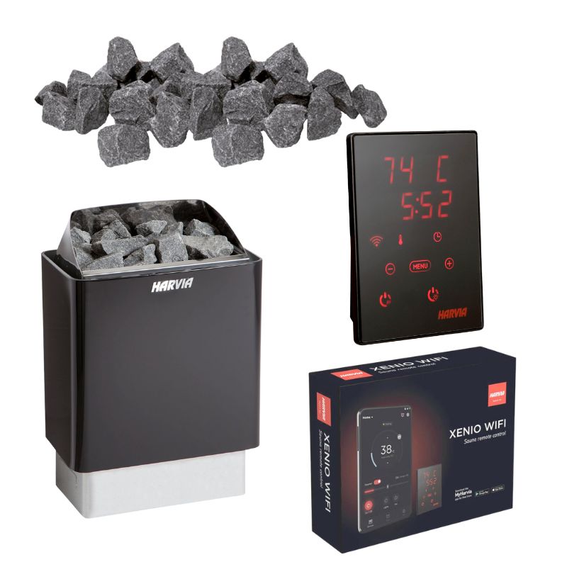 Harvia KIP E Saunaofen Set mit Xenio CX110 WiFi Steuerung, Touchpanel und 20 kg Saunasteinen – Komplettlösung für private Saunakabinen von 3 bis 14 m³.