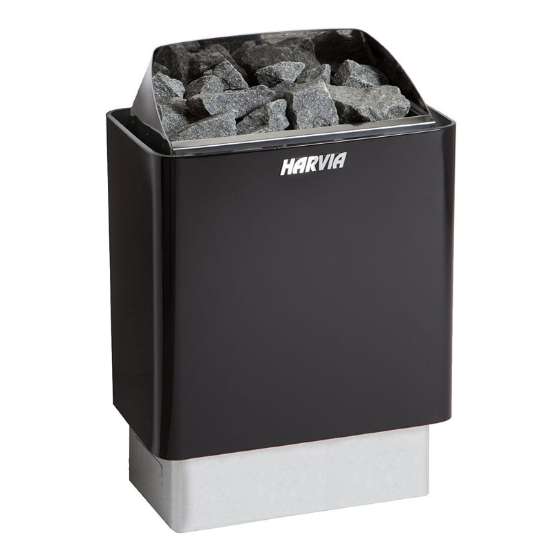 Produktansicht des Harvia KIP Saunaofens (KIP45E–KIP80E) mit glatter schwarzer Oberfläche und Steinkorb