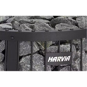 Harvia Legend 240 Saunaofen mit grauer Steinoberfläche und schwarzem Rahmen, gefüllt mit Saunasteinen