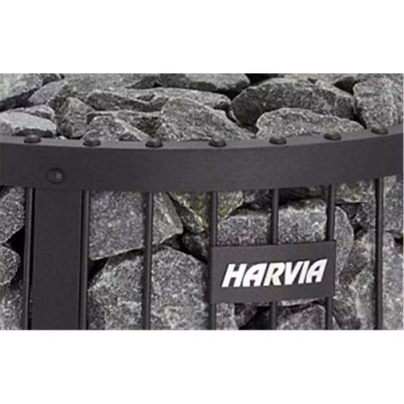 Harvia Legend 240 Saunaofen mit grauer Steinoberfläche und schwarzem Rahmen, gefüllt mit Saunasteinen