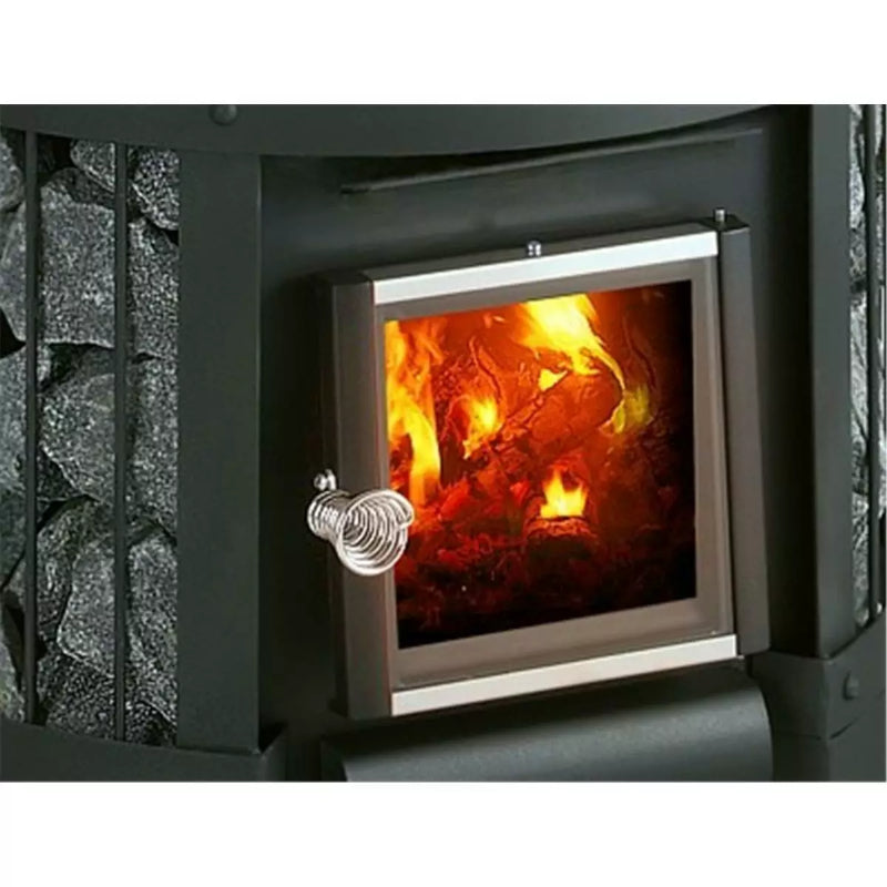 Harvia Legend 150 Saunaofen mit brennendem Holzfeuer, Sichtfenster mit Edelstahlrahmen und Lüftungsgitter an der Seite