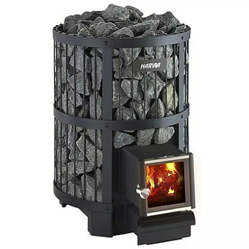Harvia Legend 150 Holz-Saunaofen mit Feuerraum und gefülltem Steintopf, schwarzes Stahlgehäuse mit vertikalen Lamellen und glühenden Flammen im Brennraum