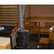 Harvia Legend 240 Saunaofen mit schwarzem Dekorative Natursteinverkleidung in einer Sauna mit hölzernen Sitzbänken und modernem Innendesign