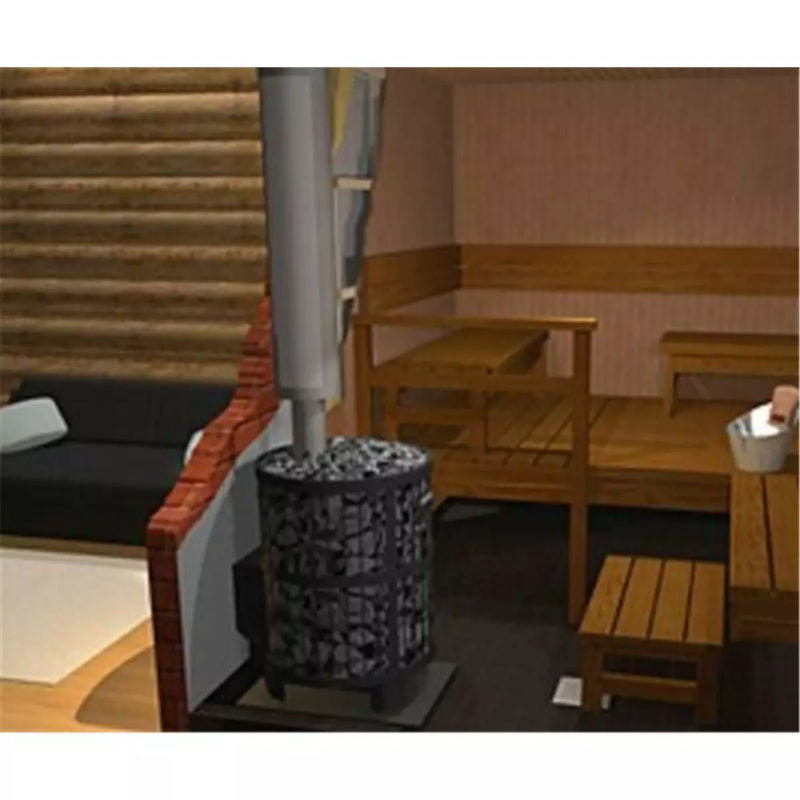 Harvia Legend 240 Saunaofen mit schwarzem Dekorative Natursteinverkleidung in einer Sauna mit hölzernen Sitzbänken und modernem Innendesign