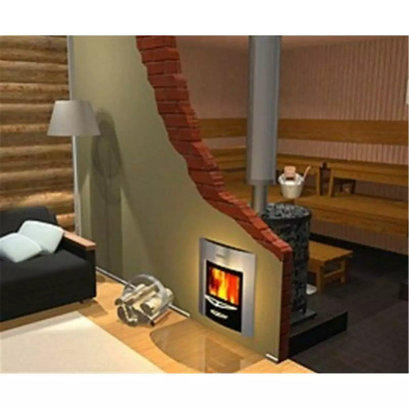 Harvia Legend 240 Holz Saunaofen mit glühendem Feuer in moderner Saunaanlage mit Holzbank und Abluftrohr