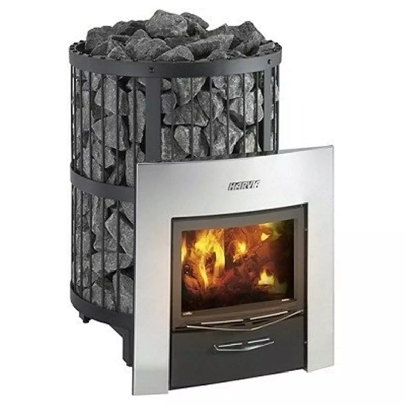 Harvia Legend 240 Saunaofen mit Sichtfenster, Holzfeuerung und gefülltem Saunenstein-Korb aus Edelstahl und grauem Stahlrahmen