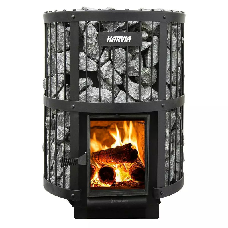 Harvia Legend 240 Saunaofen mit schwarzem Stahlgerüst, gefüllt mit Saunasteinen und brennendem Holzfeuer im Sichtfenster
