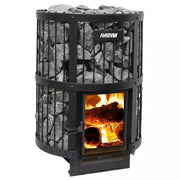 Harvia Legend 240 Saunaofen mit brennendem Feuer, schwarzem Stahlgehäuse, Schutzgitter und grauem Saunagestein oben