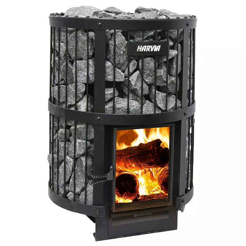 Harvia Legend 240 Saunaofen mit brennendem Feuer, schwarzem Stahlgehäuse, Schutzgitter und grauem Saunagestein oben