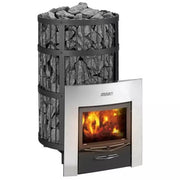 Harvia Legend 300 Saunaofen mit Holzfeuerung, sichtbares Feuer im Brennraum und aufgestapelte Steine in der oberen Kammer