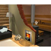 Harvia Legend 300 Saunaofen mit Holzbefeuerung in moderner Saunaraum-Einrichtung, beheizte Bankreihen aus Holz sichtbar