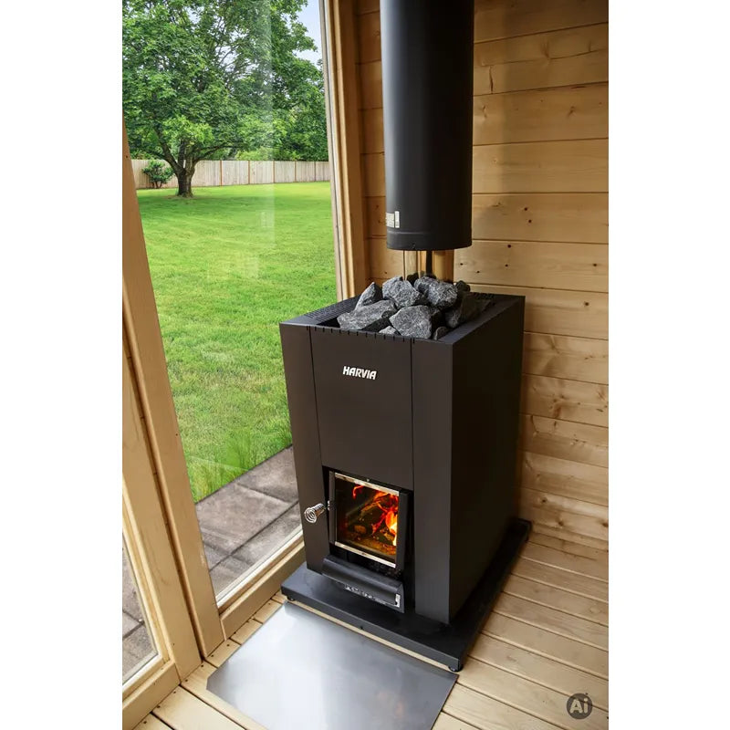 Harvia Linear 18 Compact Holzofen Set Schwarz in Saunakabine mit brennendem Feuer, Holzwänden und Gartenbick