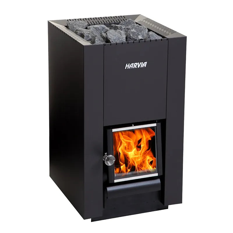 Harvia Linear 18 Compact Holzofen Set Schwarz Saunaofen mit Brennkammer und Saunasteine