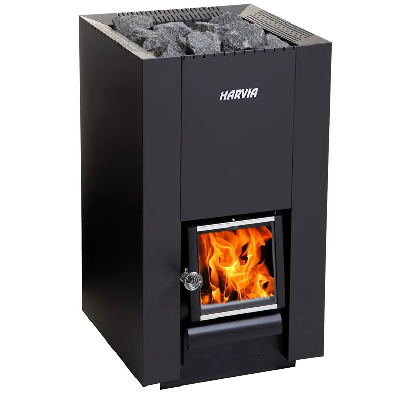 Harvia Linear 22 BimSchV2 Holzofen Set Schwarz – Saunaofen mit Feuerraum und Saunasteine