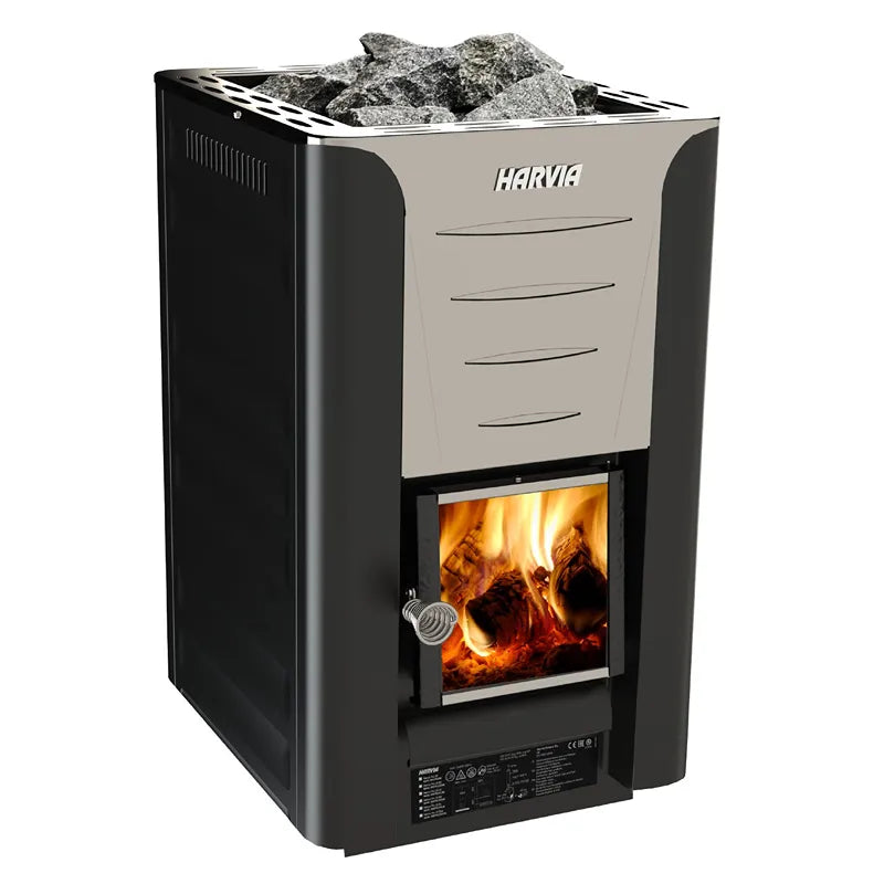 Harvia Pro 20 BimSchV2 Holzofen Set Schwarz Saunaofen mit brennendem Holzfeuer und Steinen