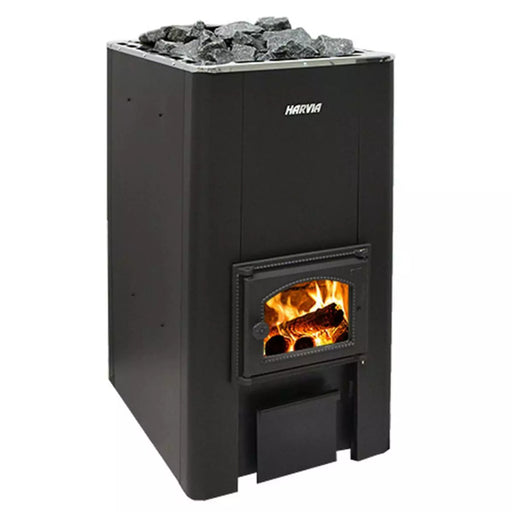Harvia 50/50SL Saunaofen mit schwarzem Stahlgehäuse, brennendem Holzfeuer und Steinen auf der Oberseite