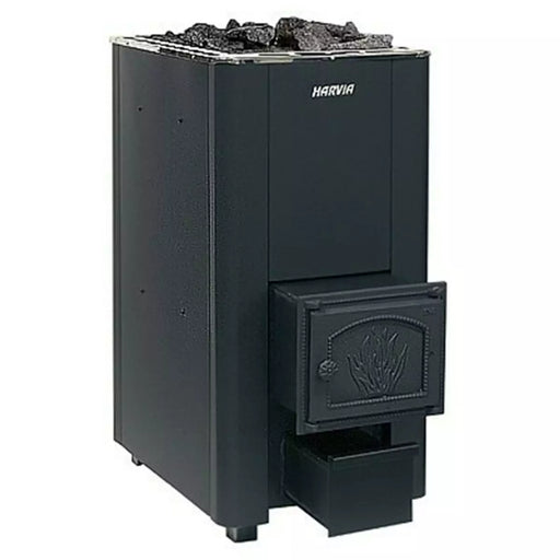 Harvia 50/50SL Holz-Saunaofen mit schwarzem Stahlgehäuse, Sichtfenster und Holzladekammer mit dekorativem Türrelief