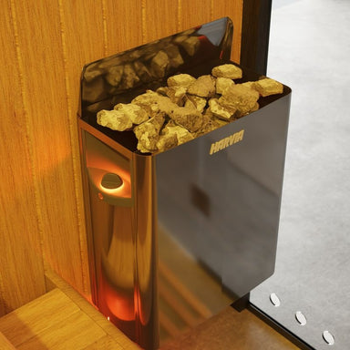 Harvia Elektro-Saunaofen in Hekla Sauna – glänzendes Design mit Saunasteinen in Nahaufnahme