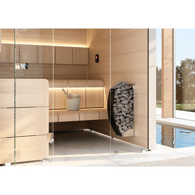 Harvia Spirit Elektrosaunaofen 6/9kW Komplettset in moderner Gartensauna mit Glastüren und Saunaofen an Wand montiert