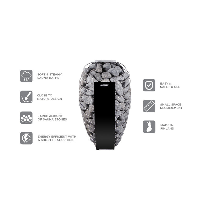 Harvia Spirit Sauna heater - Front view with stainless steel basket filled with sauna stones and highlighted product features