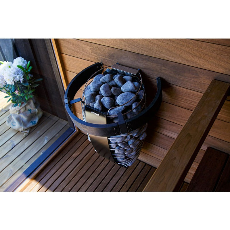 Harvia Spirit Sauna heater with mounted guardrail HSP3M in corner perspective