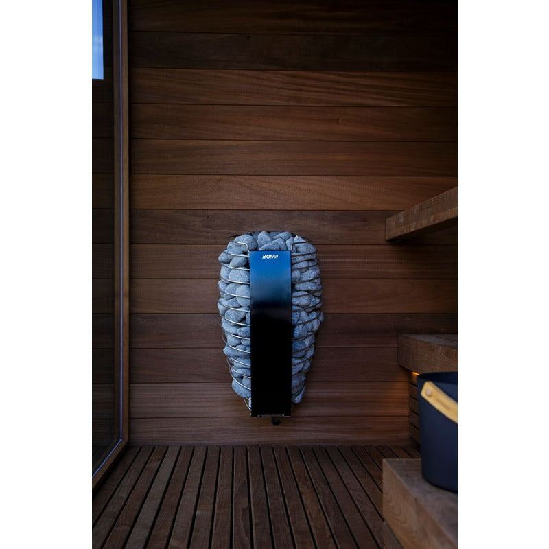 Front view of the Harvia Spirit heater mounted on a wooden sauna wall