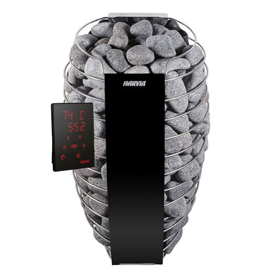 Harvia Spirit Saunaofen mit digitaler XW-Touchsteuerung – Frontalansicht mit Natursteinen und Smart-Display