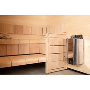Harvia The Wall Combi Elektro-Saunaofen mit WLAN-Steuerung in moderner Innensauna mit Holzausstattung und Saunasteine