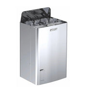 Harvia The Wall Combi Elektro-Saunaofen aus poliertem Edelstahl mit geöffnetem Deckel, gefüllt mit grauen Saunasteinen und Zubehör