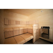 Harvia The Wall Elektro Saunaofen Wandofen in moderner Sauna mit Holzbank und Liege