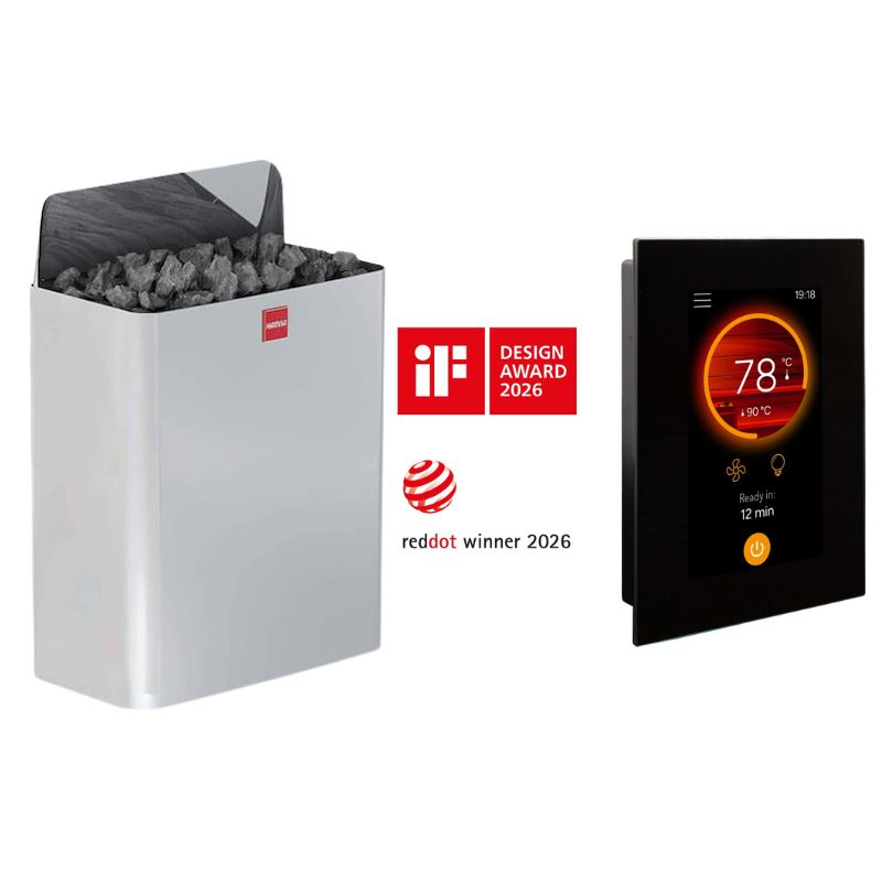 AWT E1614A Hemlock Sauna 200x160 – Harvia The Wall Saunaofen mit Harvia Fenix Touch-Steuerung und Saunasteinen