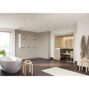 Harvia Top Steel Elektroofen in moderner Wellness-Sauna mit Holzverkleidung, CX110 Steuerung, neben Badewanne und Dusche