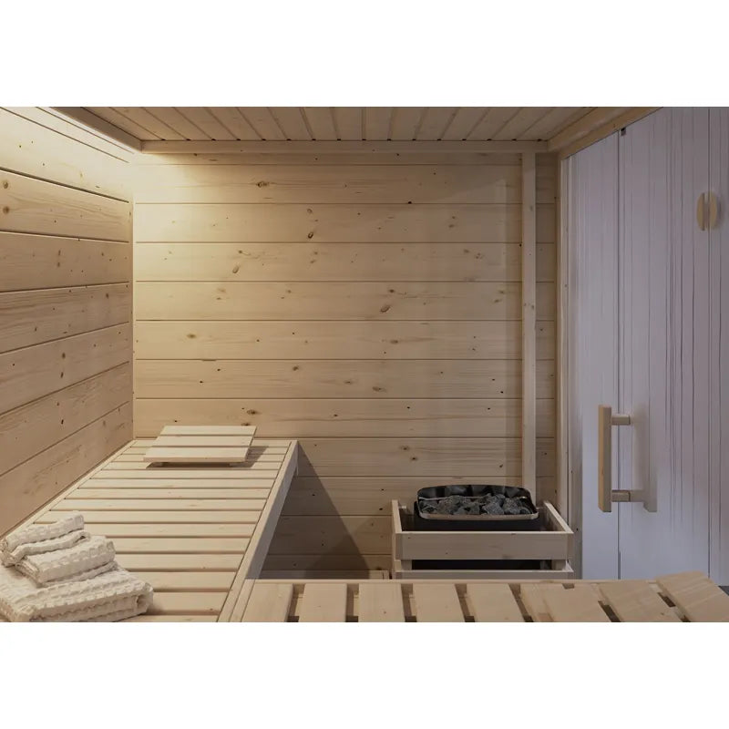 Harvia Top Steel Elektroofen Komplettset mit CX110 Steuerung in moderner Innensauna mit Holzbank und Saunasteinen