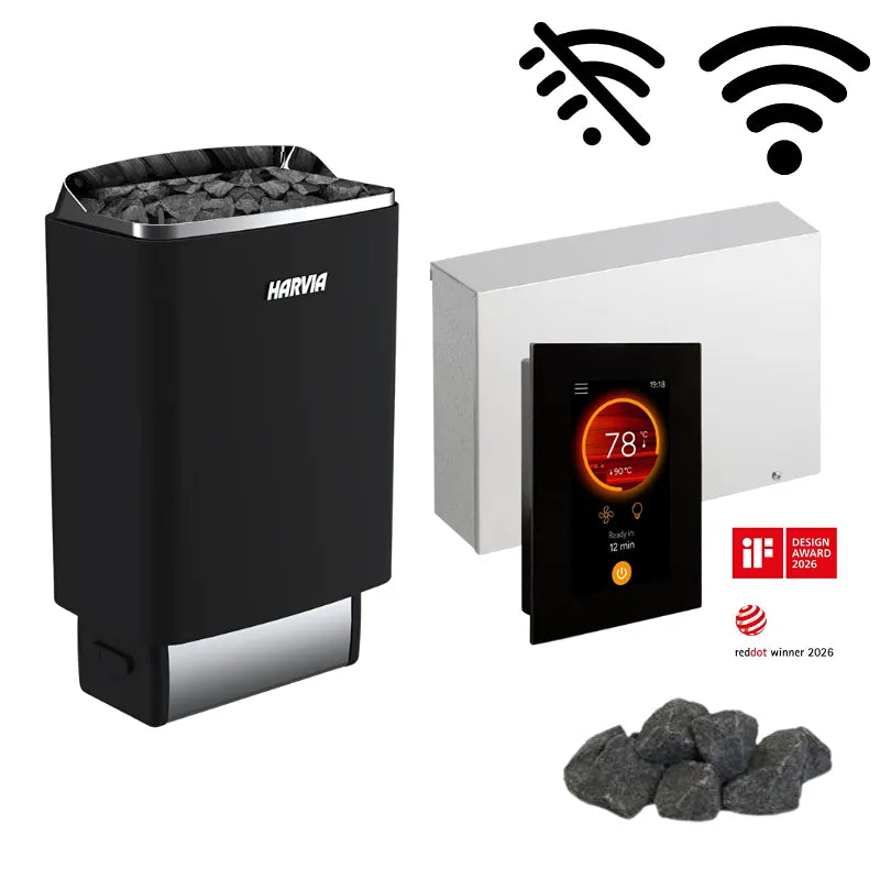 Harvia Top Steel Elektroofen Komplettset mit schwarzem Saunaofen, CX110 Steuerung, Saunasteinen und WiFi-Funktion