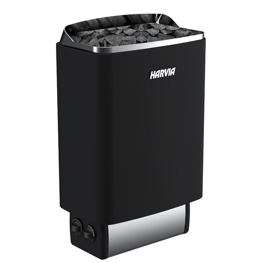 Schwarzer Harvia Top Steel Saunaofen mit seitlich integrierter Steuerung und offenem Steinkorb – wandmontierbares Modell für kompakte Saunakabinen.