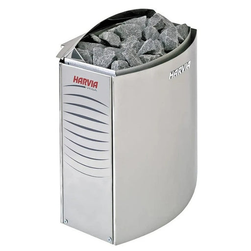Produktfoto des Harvia Vega E Saunaofens in Edelstahl – stilvolles Design mit großer Steinaufnahmekammer