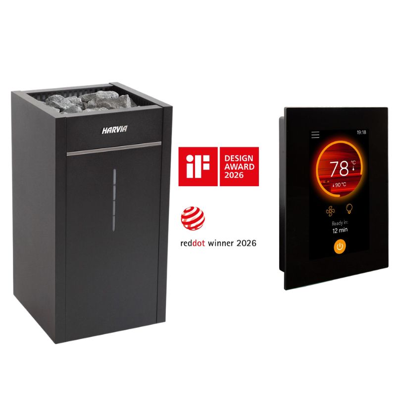 AWT E1105B Hemlock Sauna 200x200 – Harvia Virta Combi Bio-Saunaofen mit Verdampfer und Harvia Fenix Touch-Steuerung